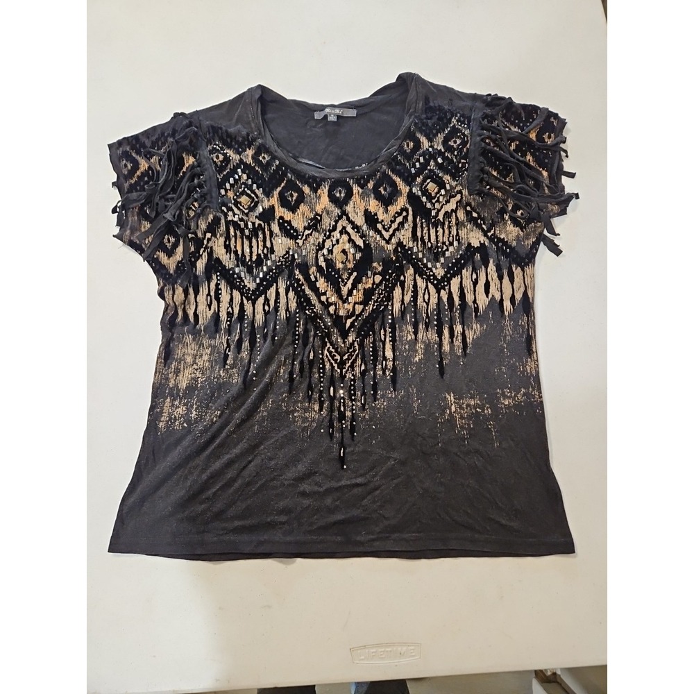 Miss Me Western Fringe T Shirt Embellished Graphic Blouse Sz M Boho Y2k (1265)